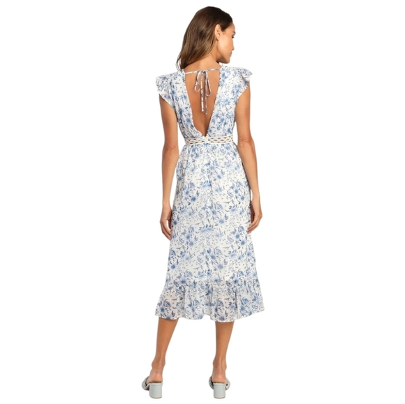 Lulus Make Things Shine White Blue Floral Midi Lightweight Flowy Dress L - Picture 6 of 16
